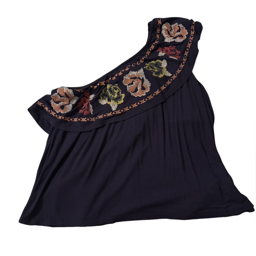 Embroidered Navy One-Arm top with Floral Design XXL